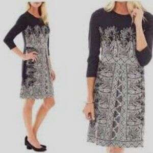 J Jill Wearever Pleated Mirror Paisley Dress Women Large‎ Black Knee 3/4 Sleeves